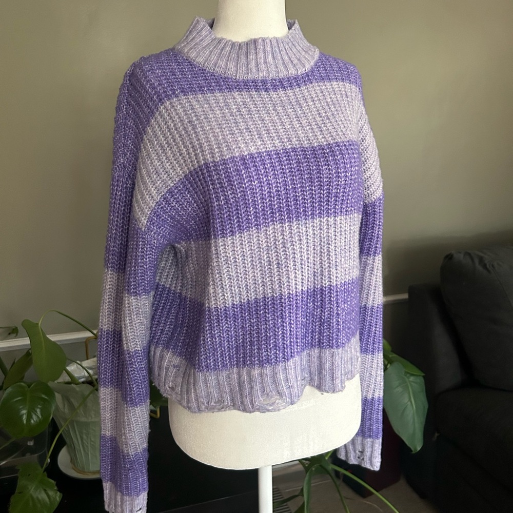 No Boundaries Purple Striped Cropped Knit Sweater Mock Neck Y2K Size L